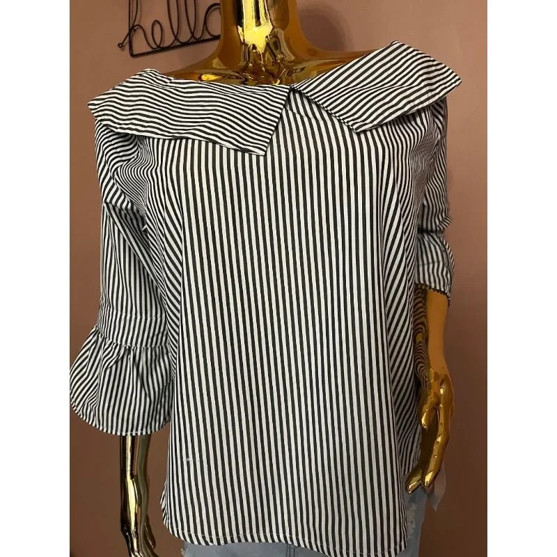 Women's Striped Bell Sleeve Top – Monochrome Charm