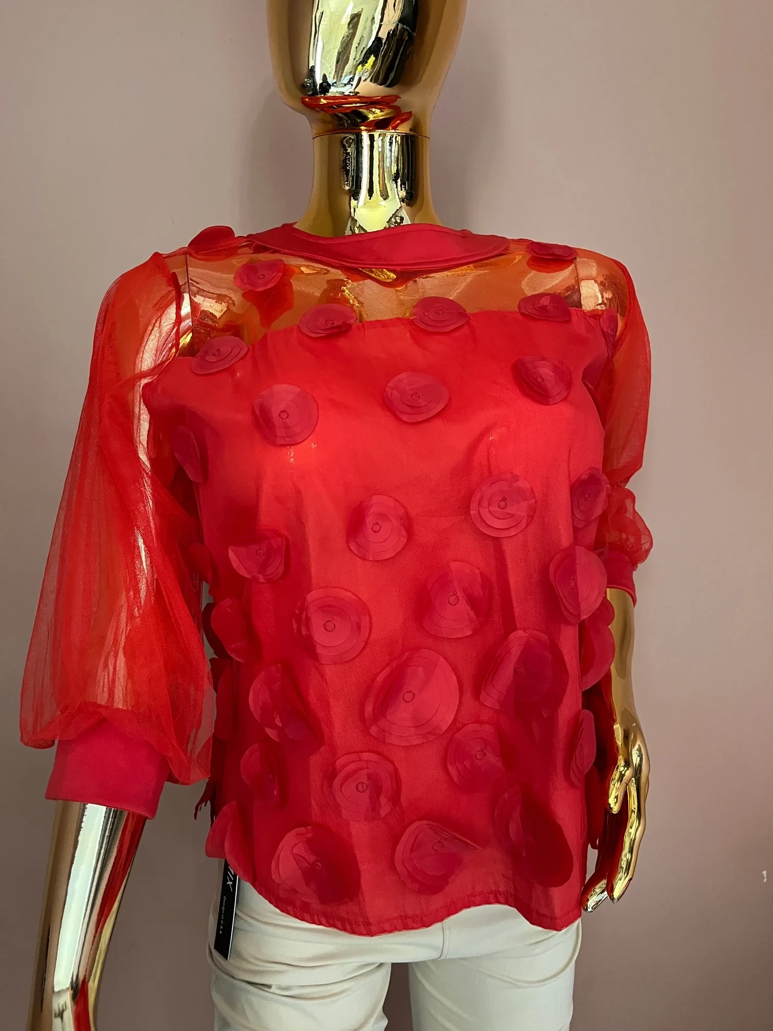 Vibrant Red Sheer Polka Appliqué Blouse – Bold & Playful Elegance