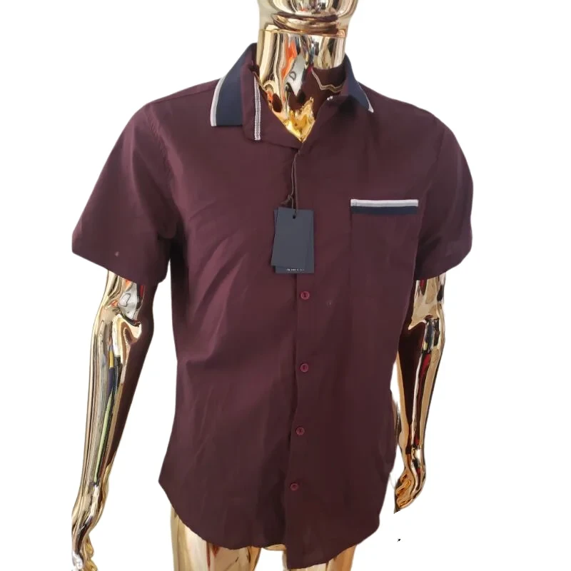 Men’s Maroon Short Sleeve Shirt – Contrast Collar & Pocket Design