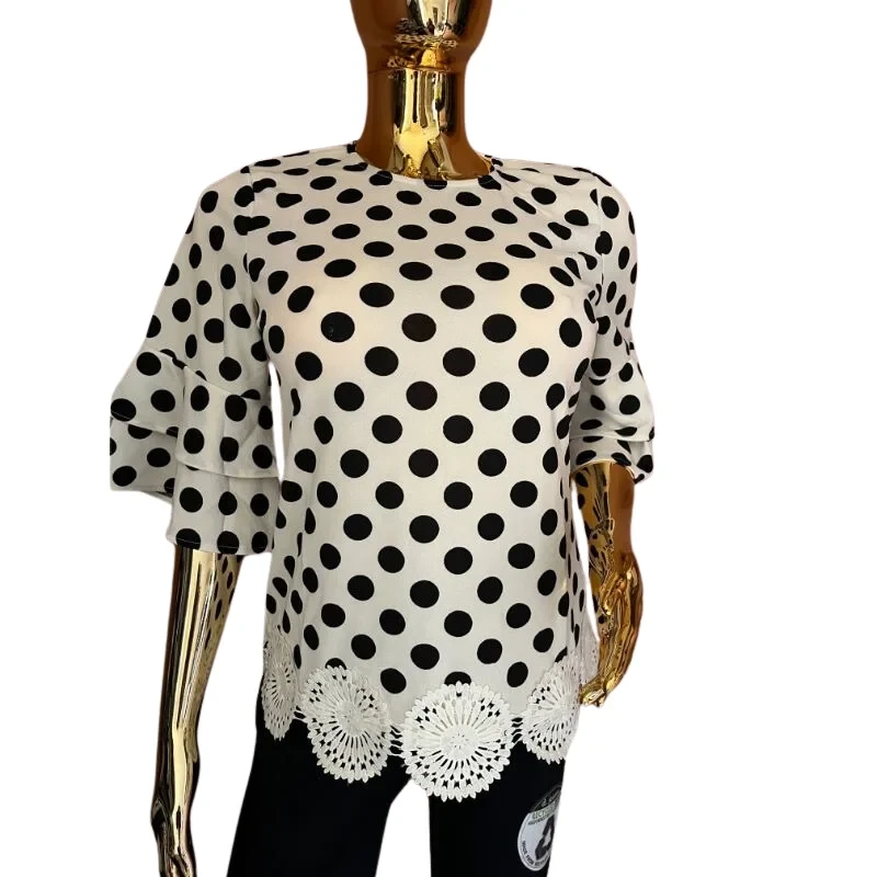 Women's Polka Dot Blouse with Crochet Hem – Monochrome Charm
