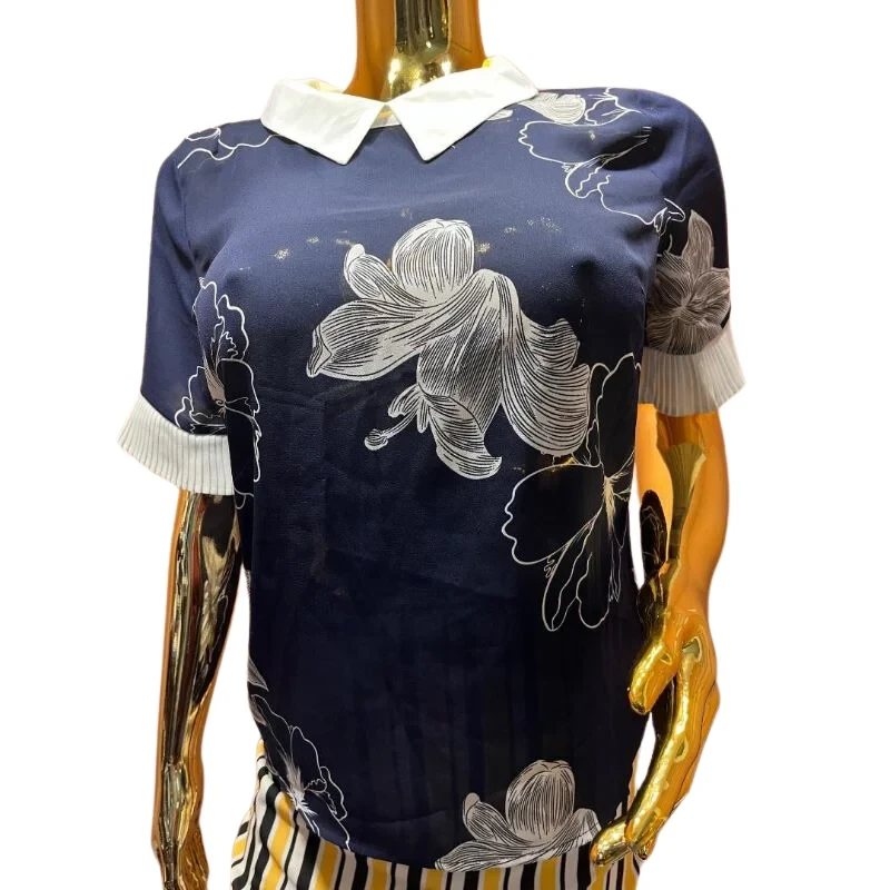 Navy Floral Top with White Collar