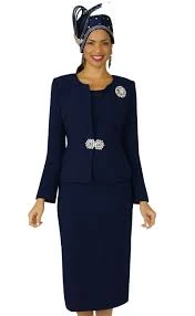Women's Navy Skirt Suit with Brooch Detail