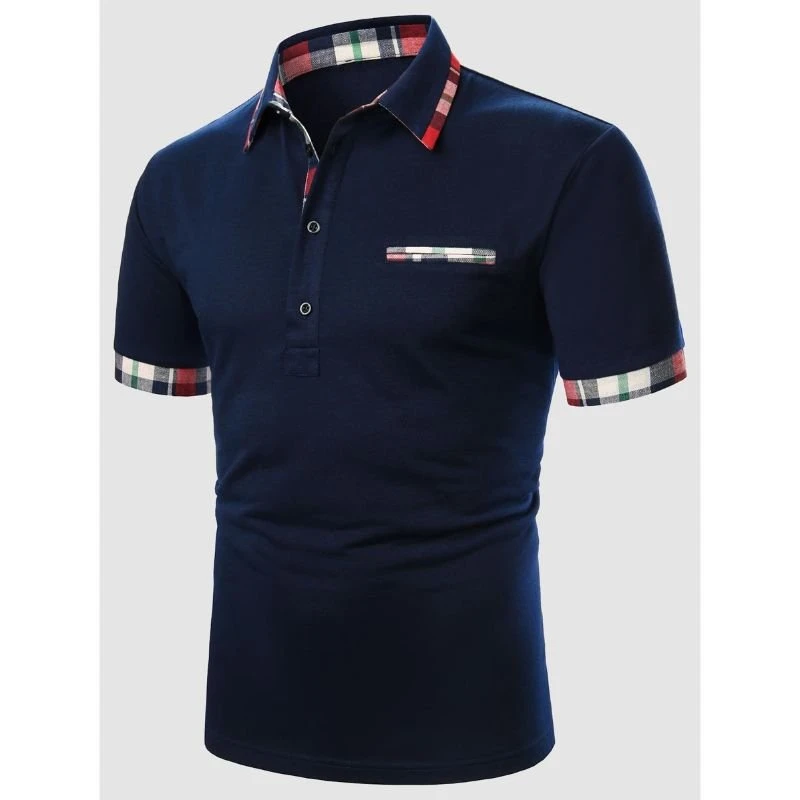 Men’s Navy Blue Polo Shirt with Plaid Trim