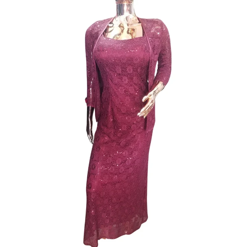 Burgundy Sequin Lace Dress & Jacket Set