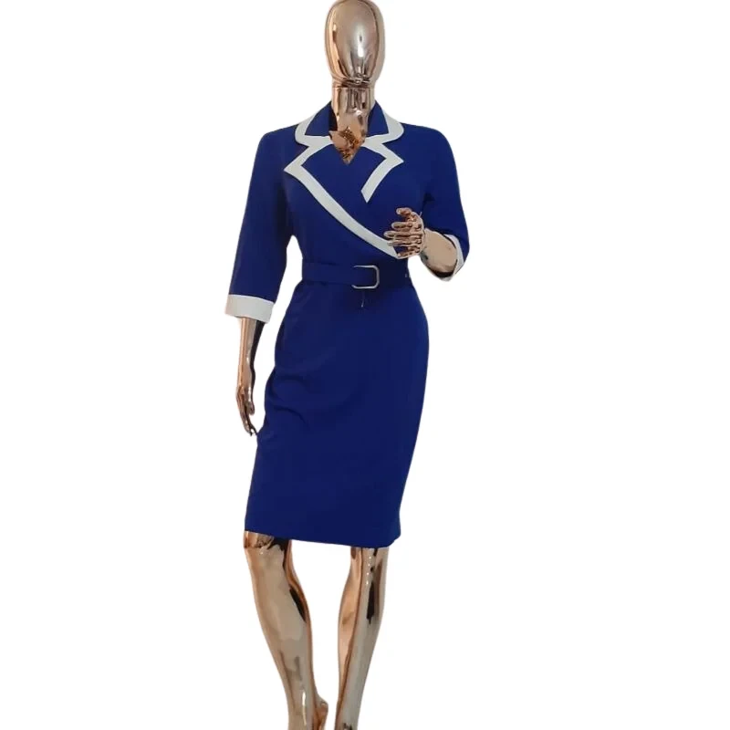 Blue Contrast-Trim Wrap Dress