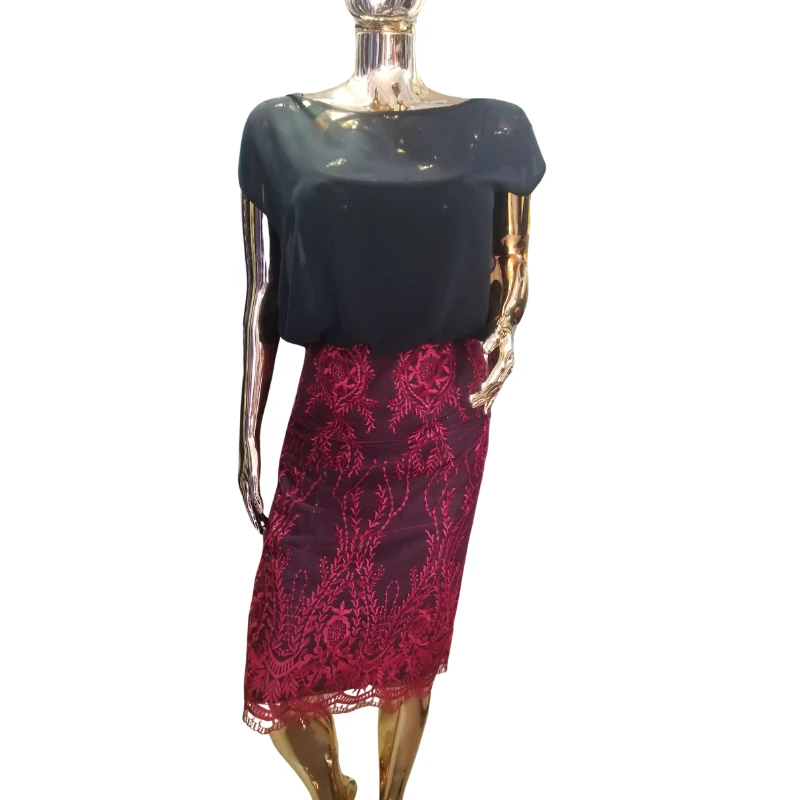 Black Top with Burgundy Lace Skirt Dress