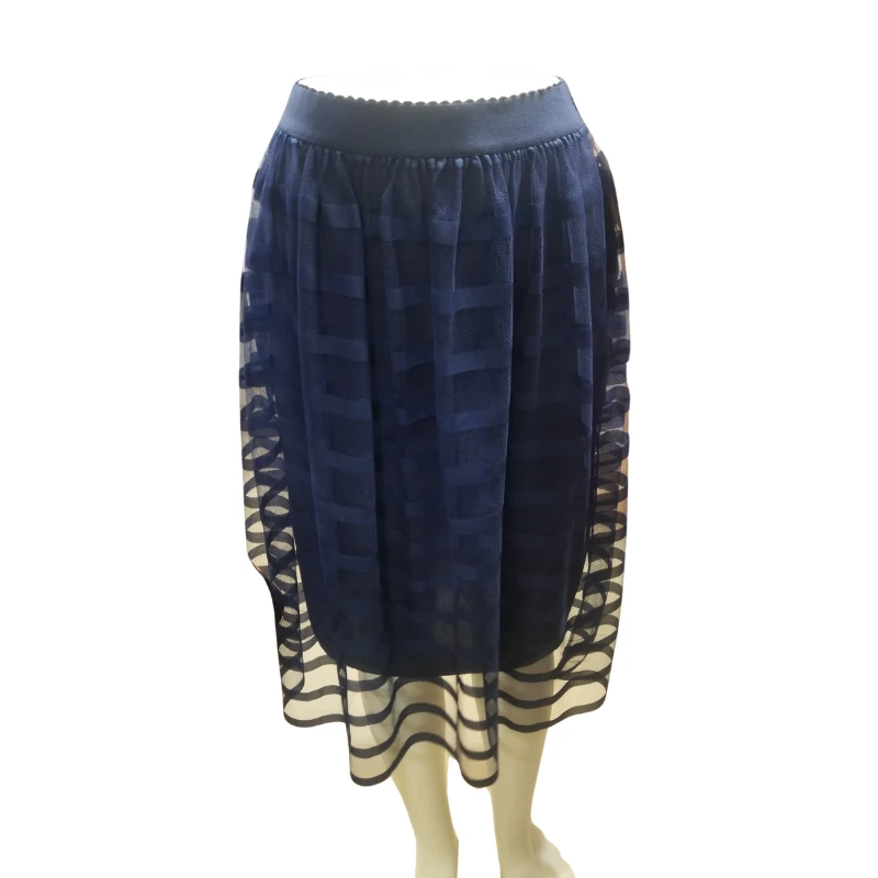 Navy Mesh Overlay Pleated Midi Skirt