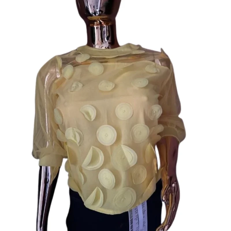 Women's Sheer Yellow Mesh Blouse with 3D Polka Dot Appliqué – Playful Elegance